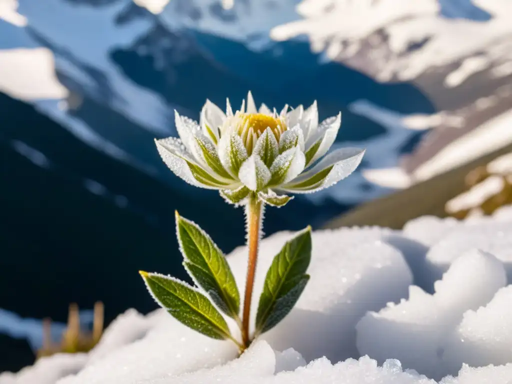 Pequeña flor alpina cubierta de cristales de hielo, destacando la adaptación de plantas y animales psicrófilos en su entorno nevado