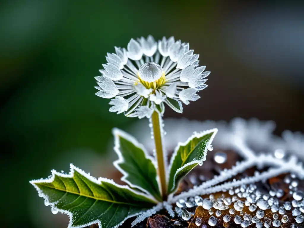 Pequeña flor de tundra cubierta de cristales de hielo, destacando su adaptación en la Tundra