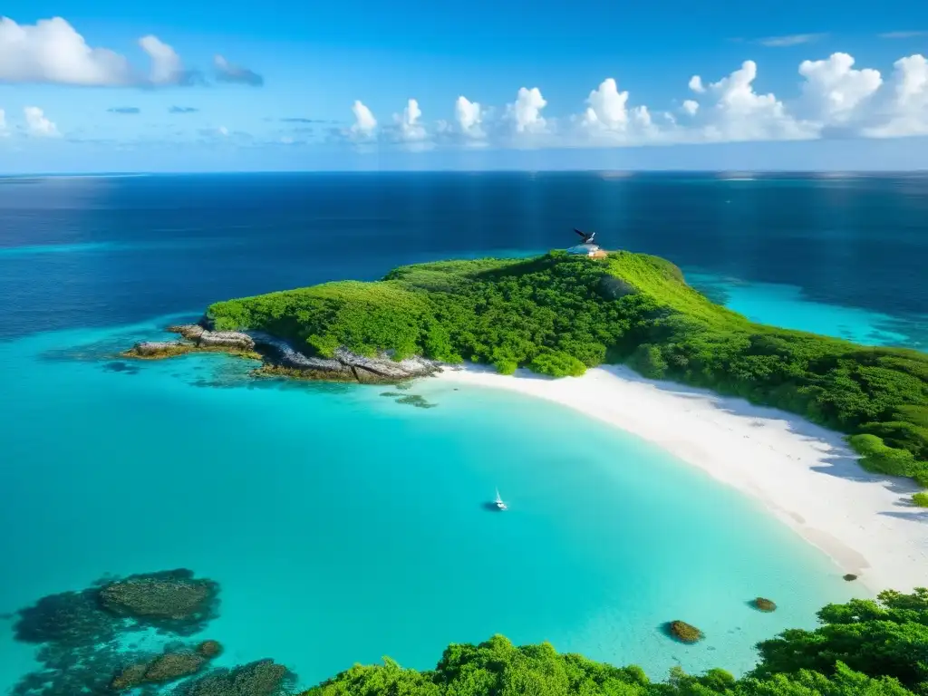 Pequeña isla tropical rodeada de aguas turquesas cristalinas, con exuberante vegetación y arrecifes de coral coloridos