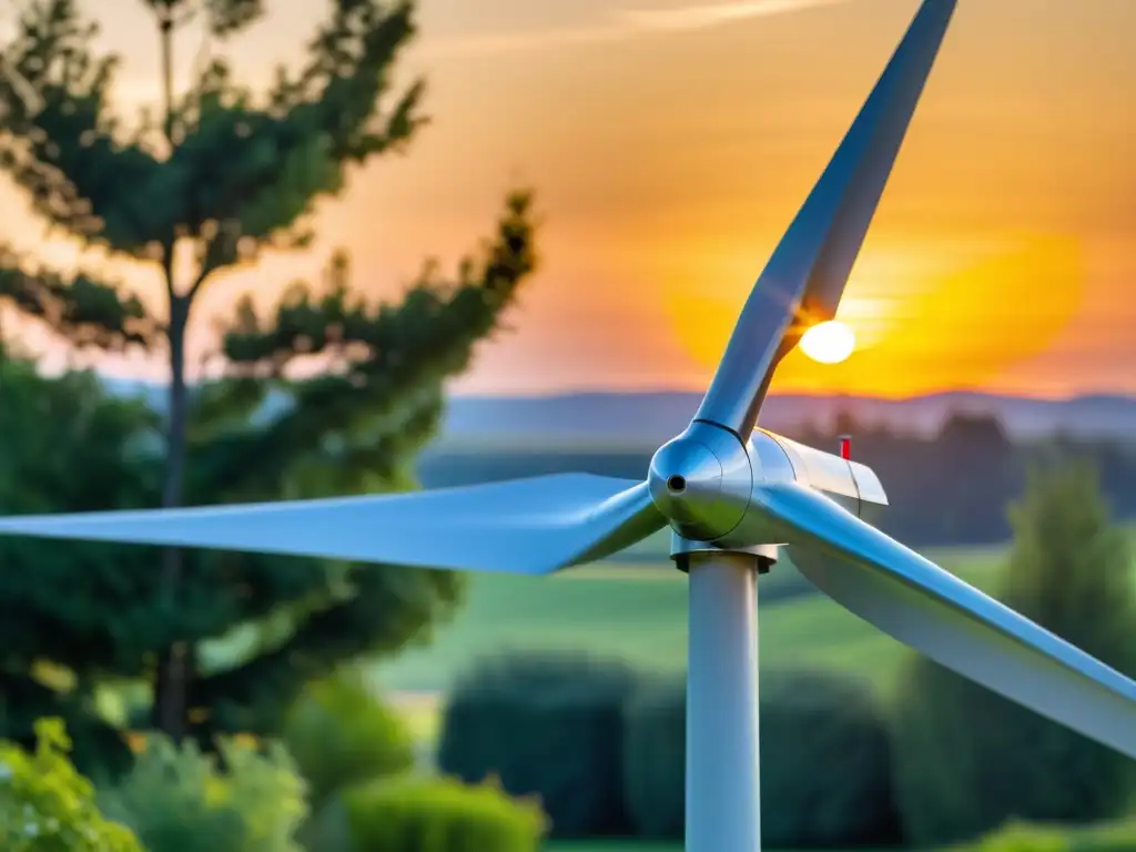 Pequeña turbina eólica en un jardín al atardecer, capturando la energía del viento con un ambiente sostenible y acogedor