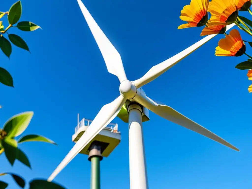 Una pequeña turbina eólica para casa gira elegantemente en un jardín, capturando la integración de energía renovable en un entorno residencial