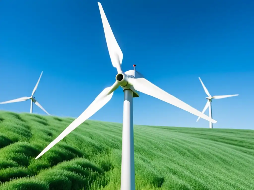 Una pequeña turbina eólica moderna gira graciosamente en un jardín, simbolizando la energía sostenible