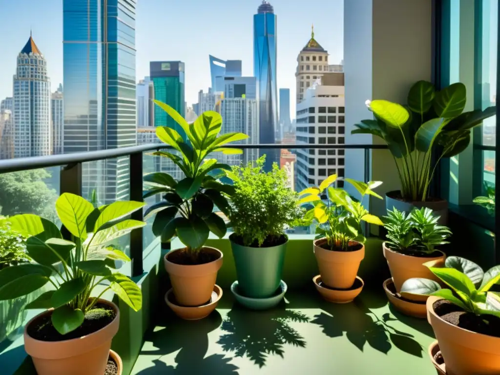 Un pequeño oasis de jardinería en balcones pequeños con plantas verdes vibrantes y la ciudad de fondo, mostrando la belleza urbana y natural