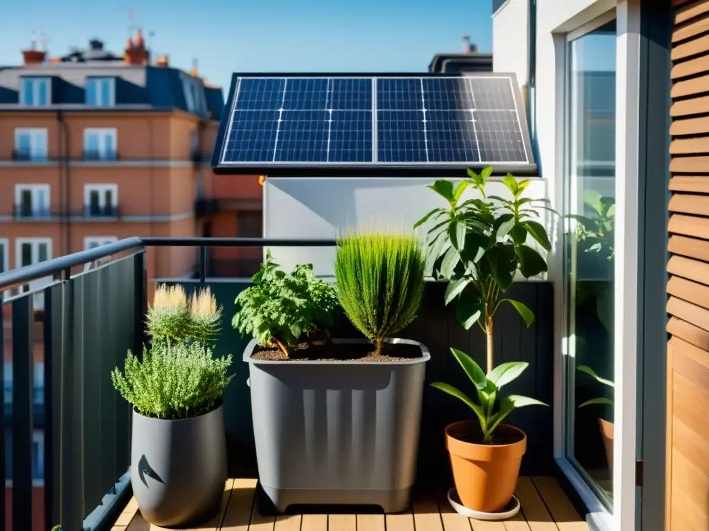 Pequeño balcón urbano con plantas y soluciones de energía renovable integradas, bañado en cálida luz solar