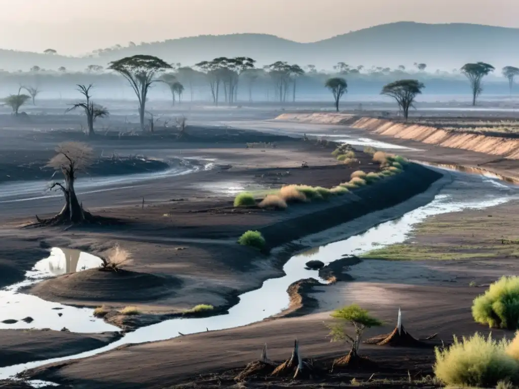 Desolación y pérdida en un paisaje deforestado, con tierra árida y contaminación