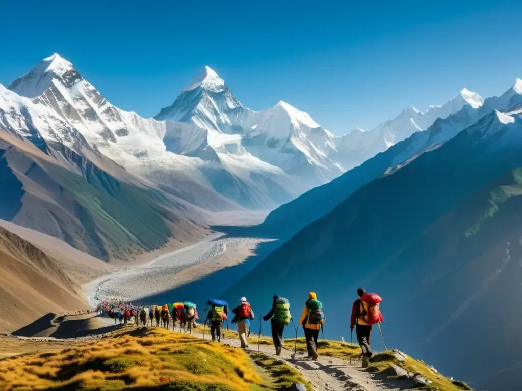 Peregrinaje sustentable en los majestuosos Himalayas, con picos nevados y banderas de oración ondeando en el viento