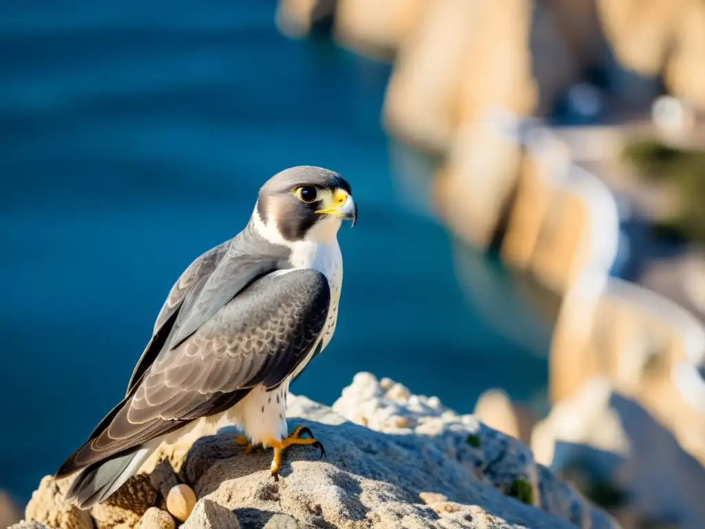 Un halcón peregrino majestuoso observa el mar Mediterráneo desde un acantilado rocoso