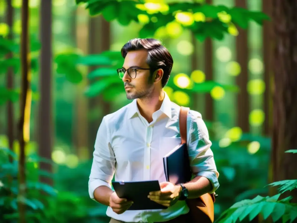 Periodista en el bosque, reflexionando sobre interpretación de datos ecológicos