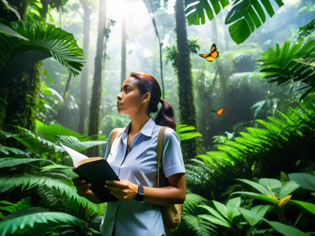 Un periodista en un exuberante bosque tropical, observando el ecosistema