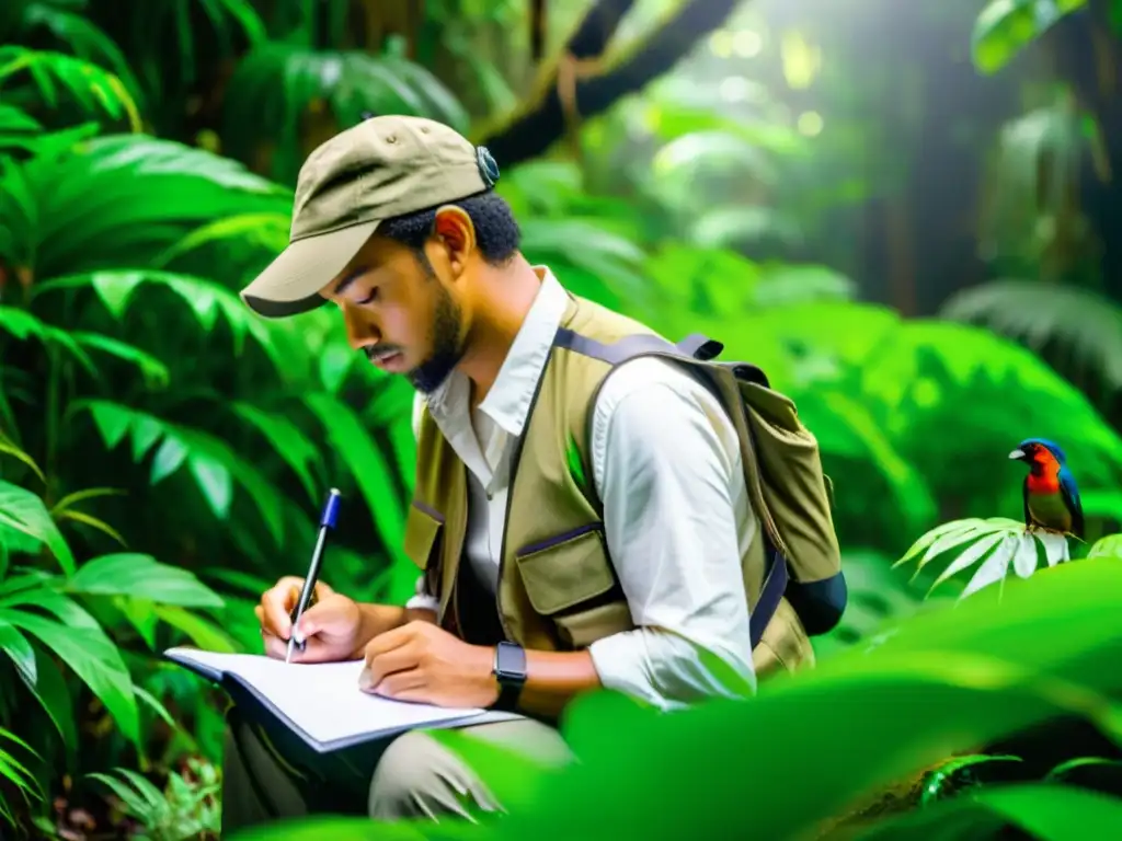 Un periodista toma notas en la densa selva tropical, mostrando la importancia de la investigación profunda ante las amenazas a la diversidad biológica