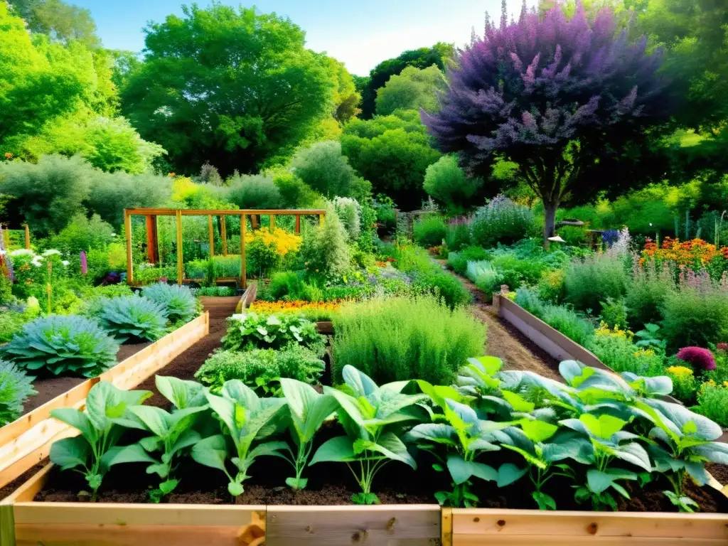 Jardín de permacultura exuberante con diversidad de plantas