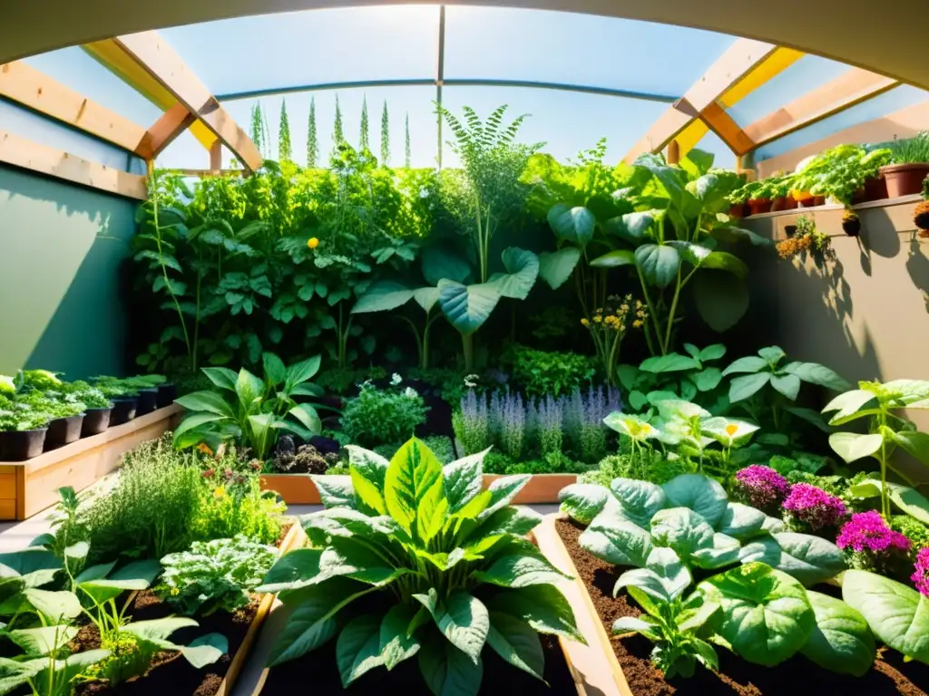 Un jardín de permacultura exuberante y diverso, con interplantación armoniosa de vegetales, hierbas y flores