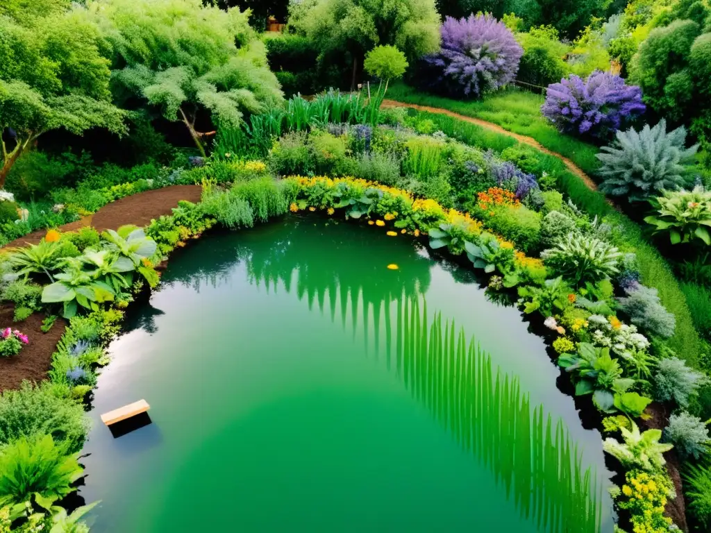 Un jardín de permacultura exuberante y vibrante en medio de colinas, con diversidad de plantas, abejas y mariposas