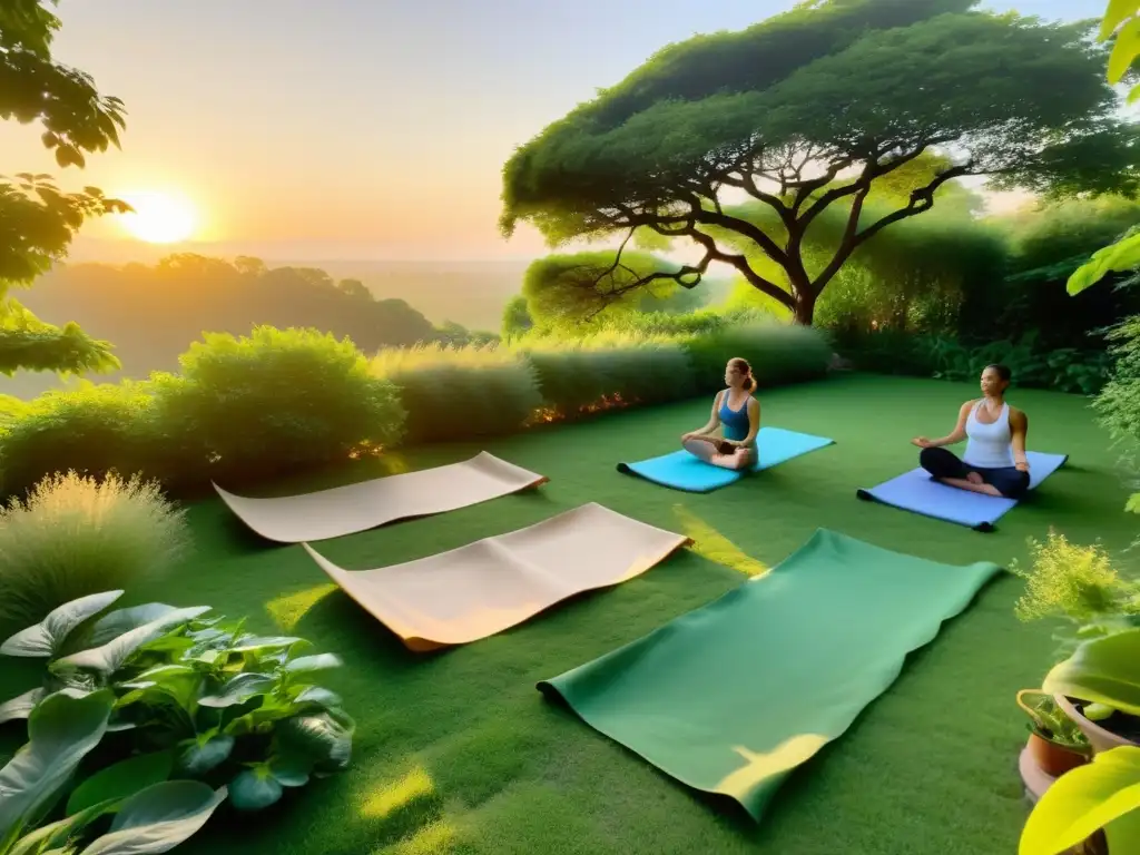 Un jardín de permacultura sereno y exuberante donde se practica yoga