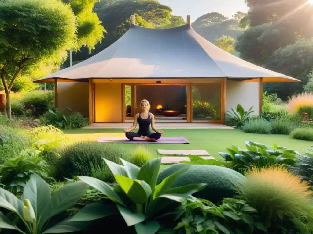 Práctica de yoga en jardín permacultural, integrando armonía y serenidad en la naturaleza