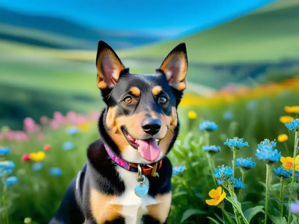 Un perro feliz con ojos brillantes, en un campo verde con flores silvestres