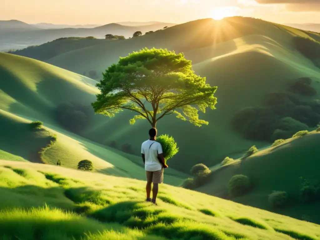 Persona sosteniendo árbol en colina verde, mirando paisaje natural