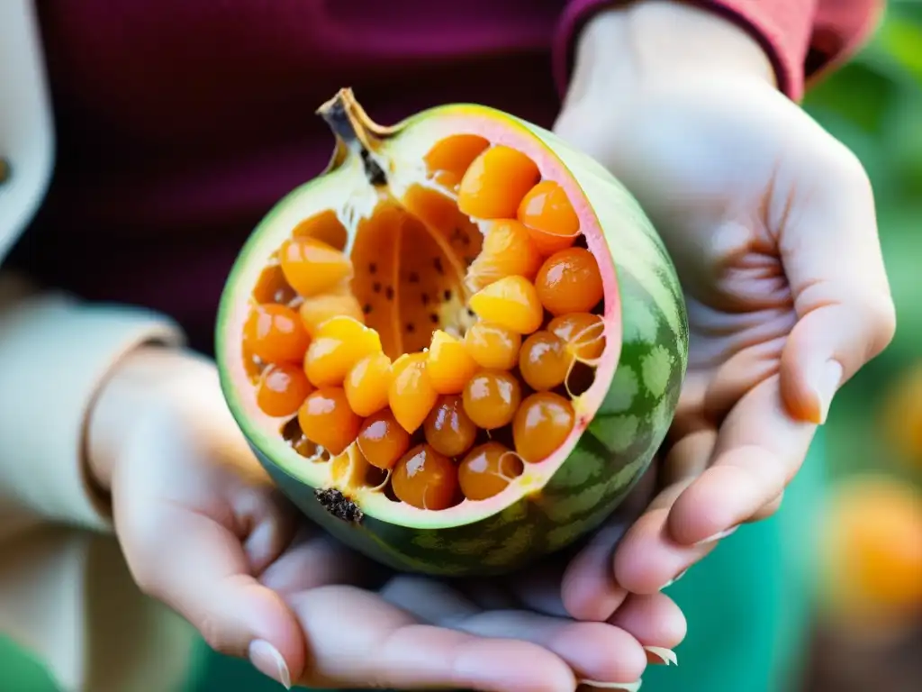 Persona admirando con asombro un fruto recién cosechado, resaltando la conexión entre nutrición natural y bienestar emocional