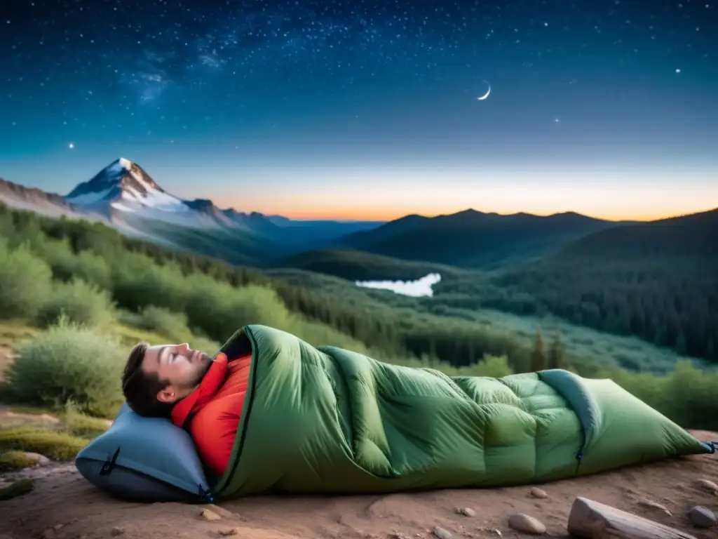 Una persona duerme pacíficamente en una bolsa de dormir ecológica bajo un cielo estrellado en un entorno natural