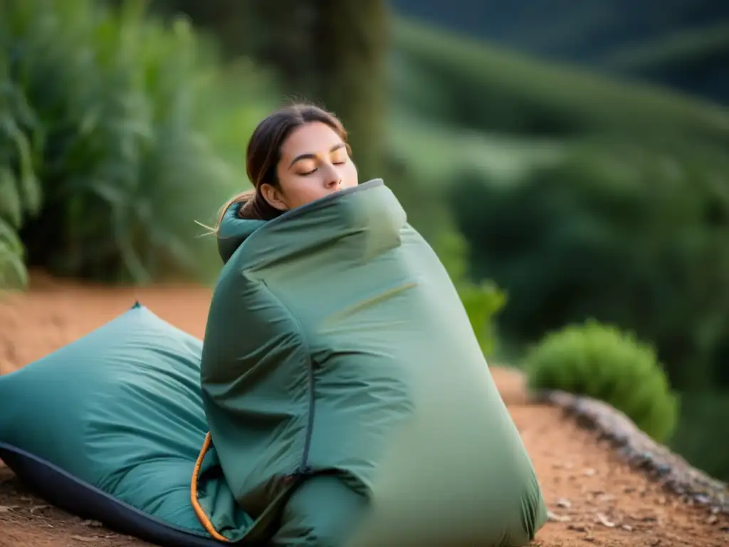 Una persona se relaja en una bolsa de dormir ecológica para exteriores, disfrutando de la naturaleza al atardecer