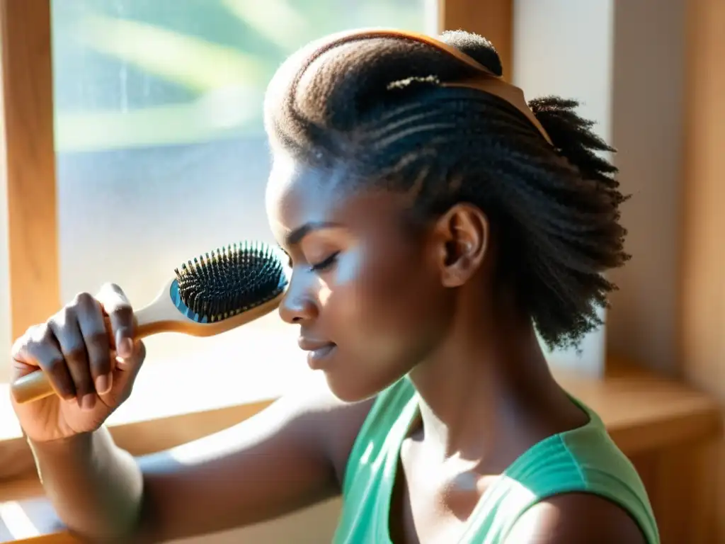 Una persona peina su cabello con un cepillo ecológico, iluminada por la luz del sol