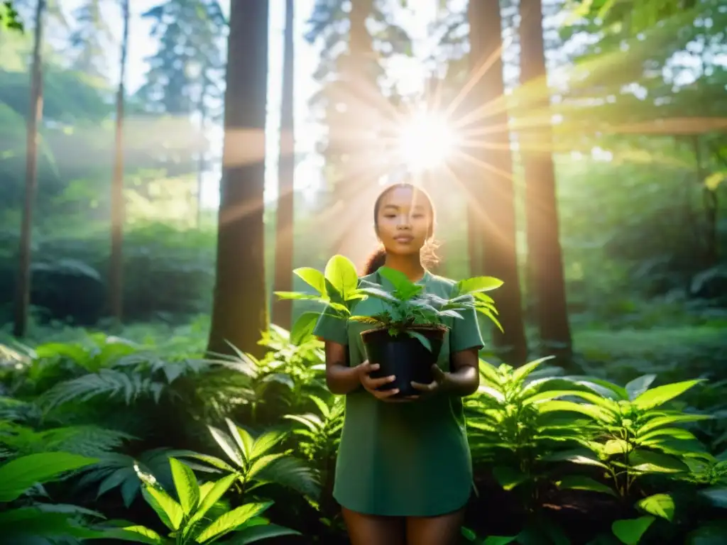 Persona comprometida cuida la tierra en un exuberante bosque verde, plantando con determinación