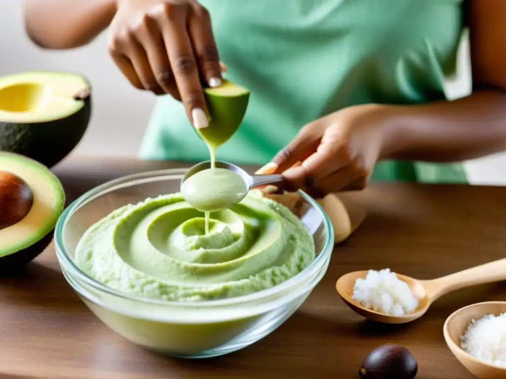 Persona creando cosméticos veganos rodeada de ingredientes naturales como aguacate, aceite de coco y manteca de karité