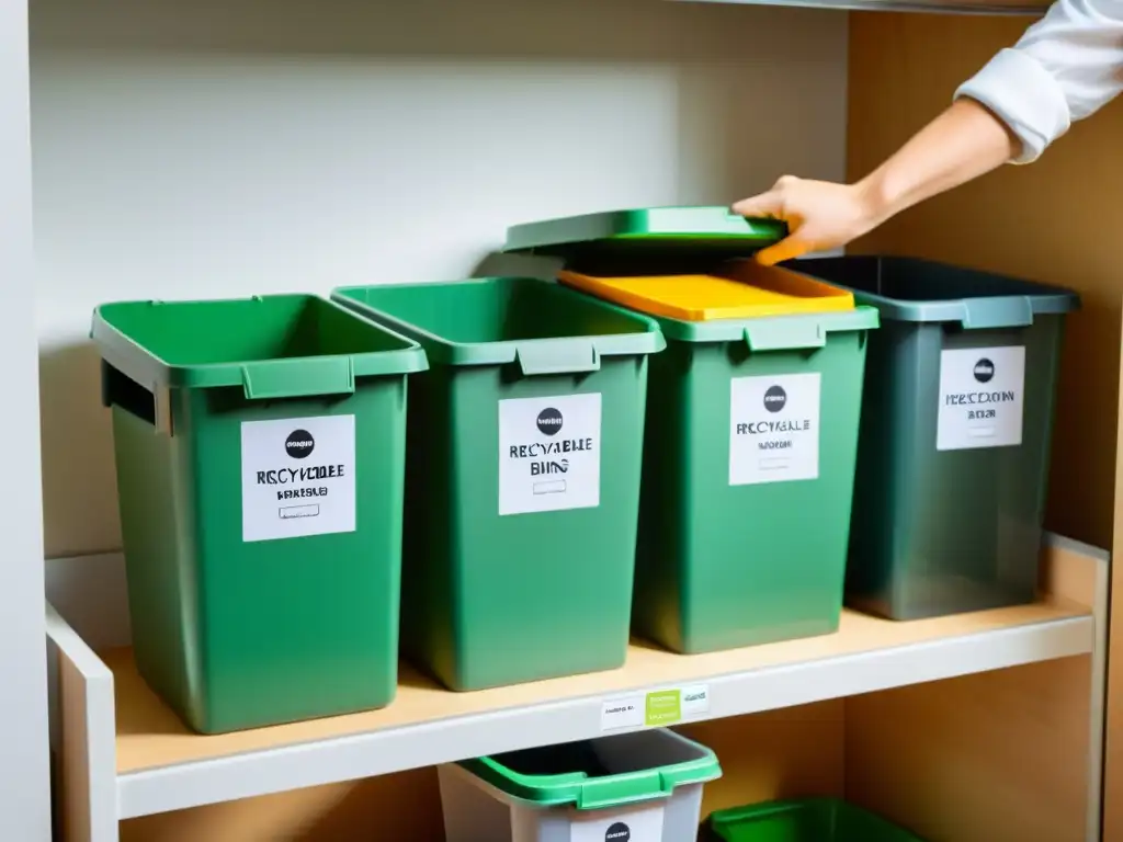 Una persona separa con cuidado diferentes materiales reciclables en contenedores etiquetados, mostrando la gestión eficaz de residuos en casa