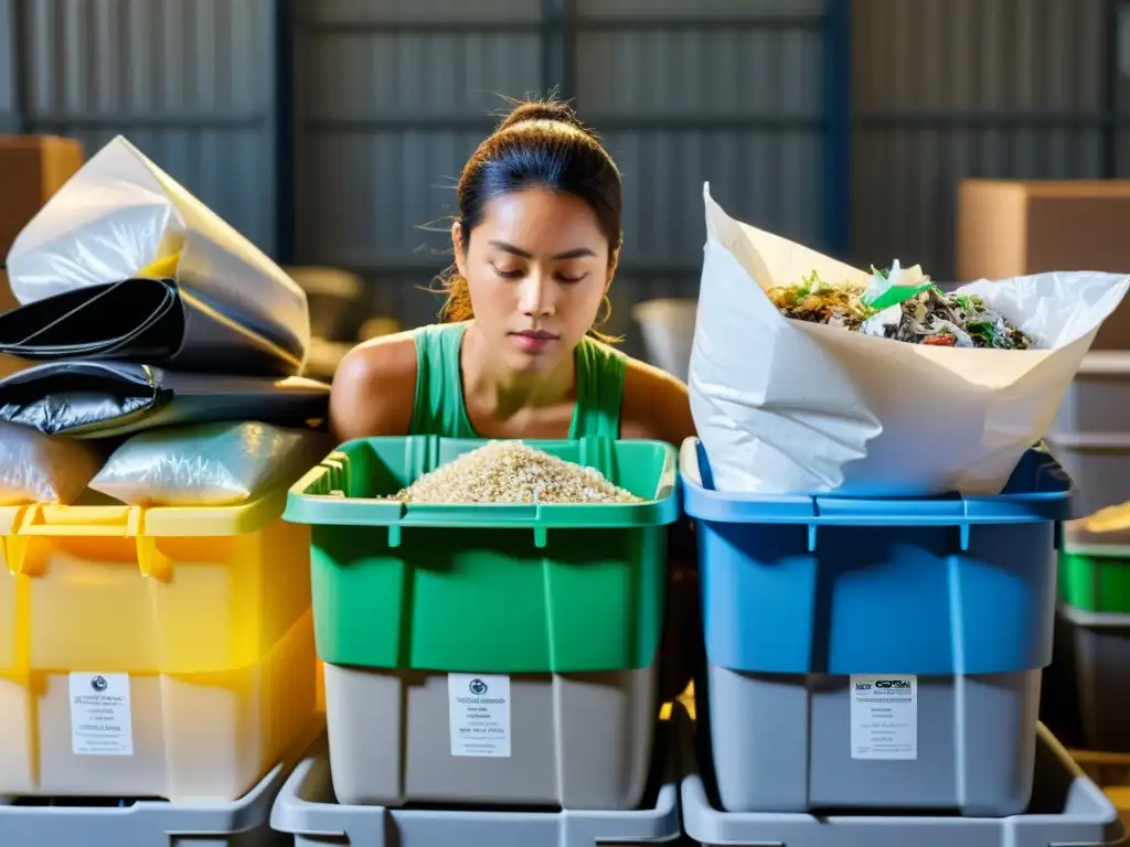 Una persona separa con determinación distintos tipos de residuos en un centro de reciclaje, reducir huella carbono vida diaria