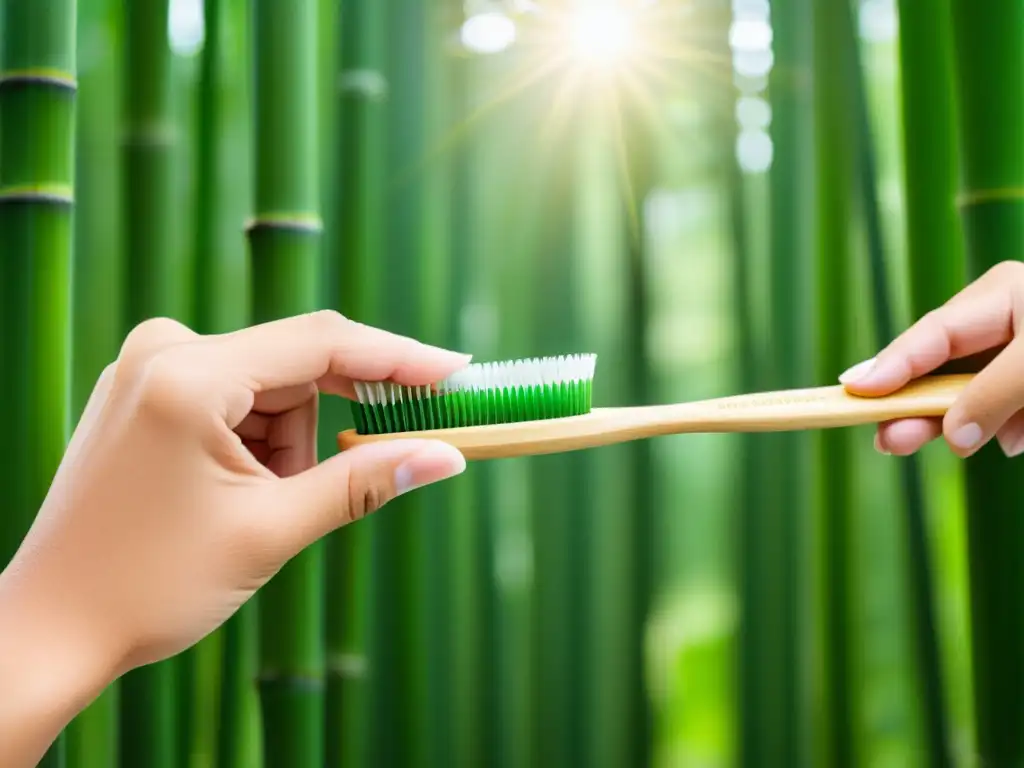 Persona cepillándose los dientes con un cepillo de bambú ecológico, en un bosque exuberante