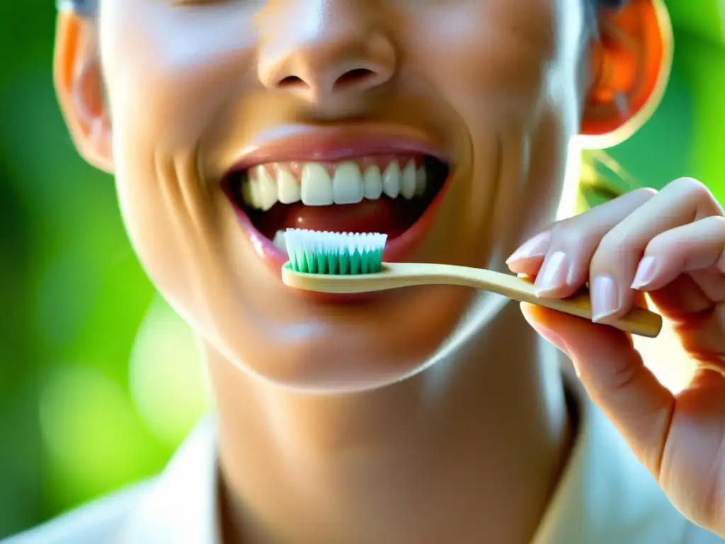 Persona cepillándose los dientes con cepillo de bambú y pasta dental natural