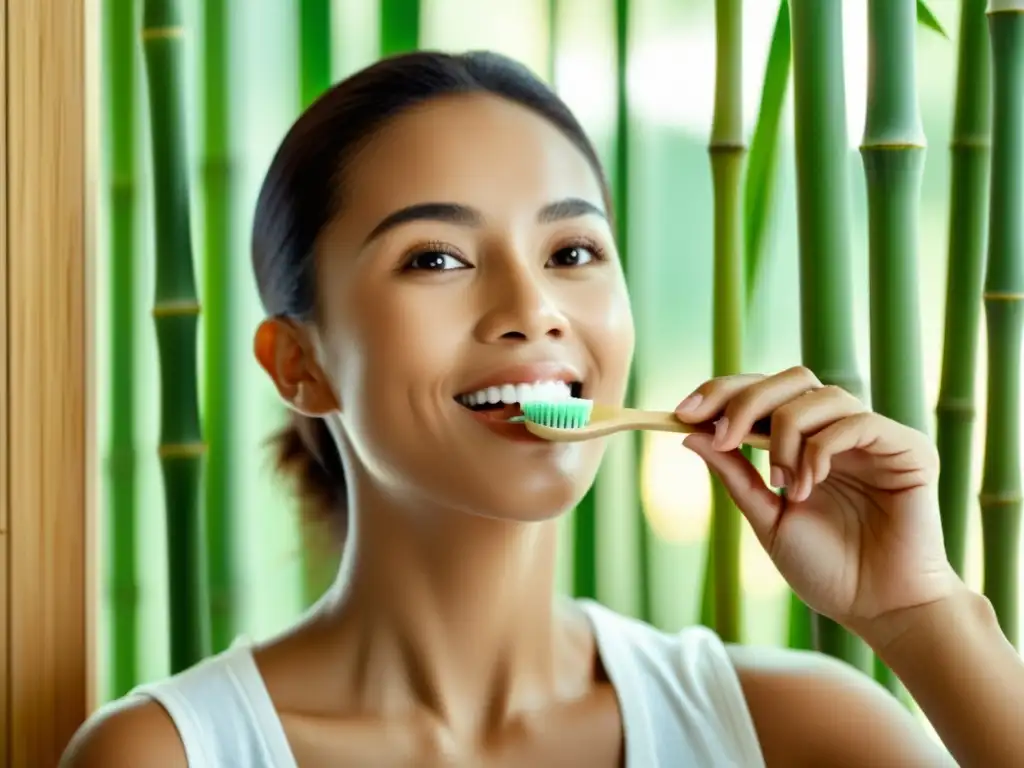 Una persona cepillándose los dientes con un cepillo de dientes de bambú y pasta dental natural, creando una atmósfera ecológica y radiante