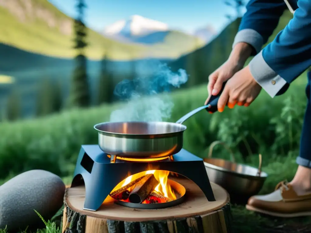 Persona cocinando en estufa ecológica en medio de la naturaleza