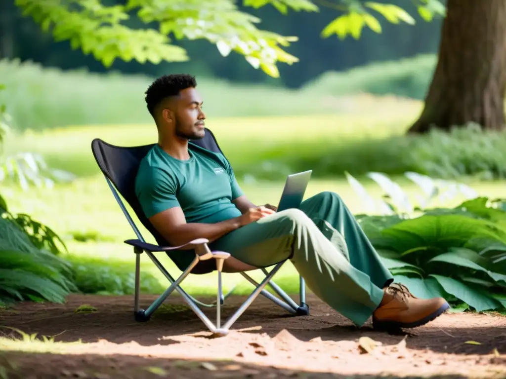 Persona feliz disfrutando de la naturaleza en una silla de campamento ecológica duradera rodeada de exuberante vegetación y luz solar filtrada