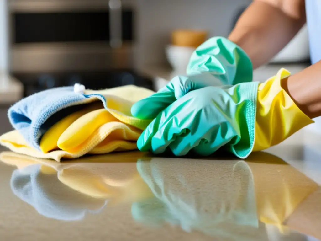 Persona usando guantes y mascarilla limpia la encimera con productos de limpieza ecológicos, destacando su impacto en la salud humana