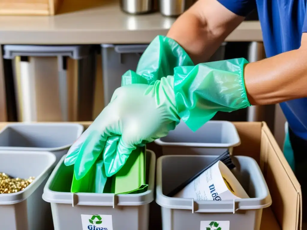 Una persona con guantes separa cuidadosamente materiales reciclables en casa, mostrando gestión eficaz de residuos en casa