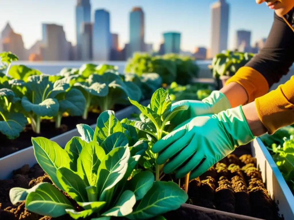 Persona con guantes de jardinería cuida vegetales urbanos, inspirando conexión a la tierra