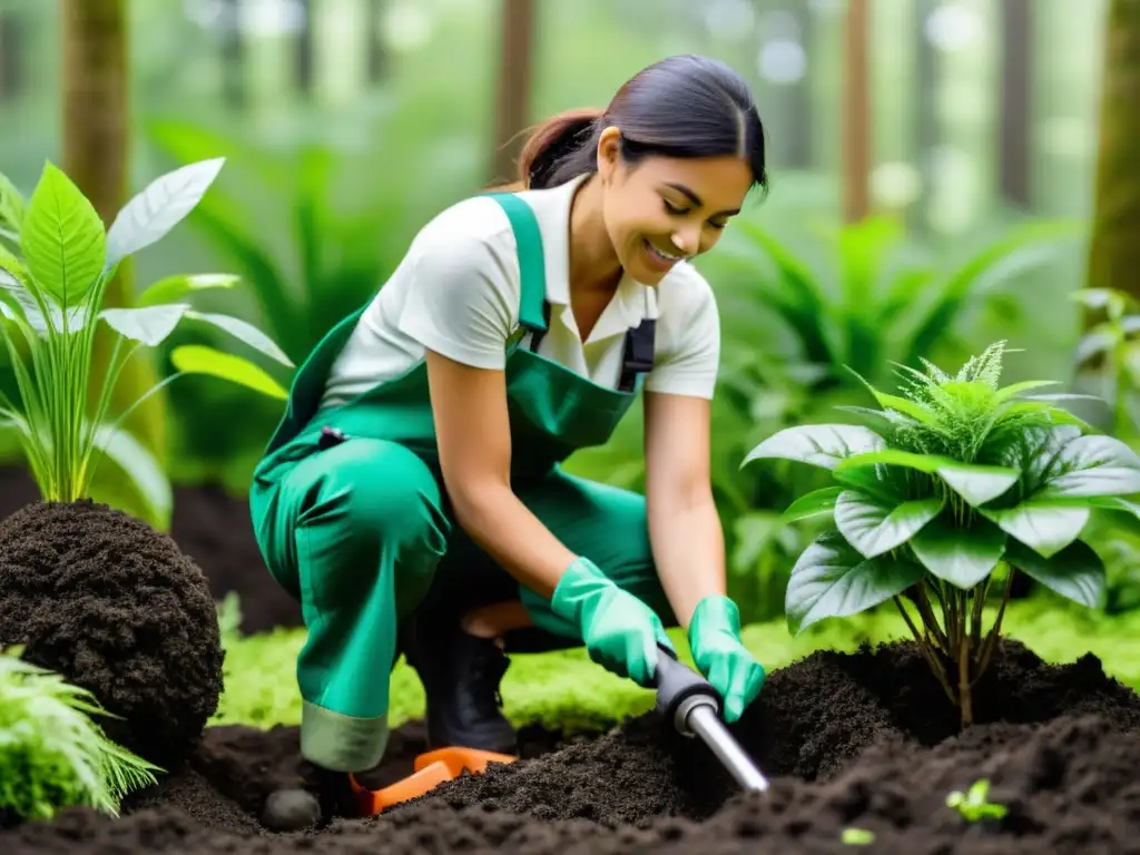 Persona usando herramientas multifuncionales para ecosistemas en un entorno vibrante y sostenible, cuidando plantas y árboles