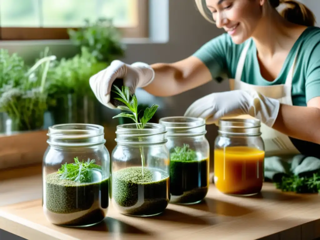 Persona vertiendo ingredientes ecológicos en frascos, creando productos belleza ecológicos caseros con luz natural y enfoque consciente