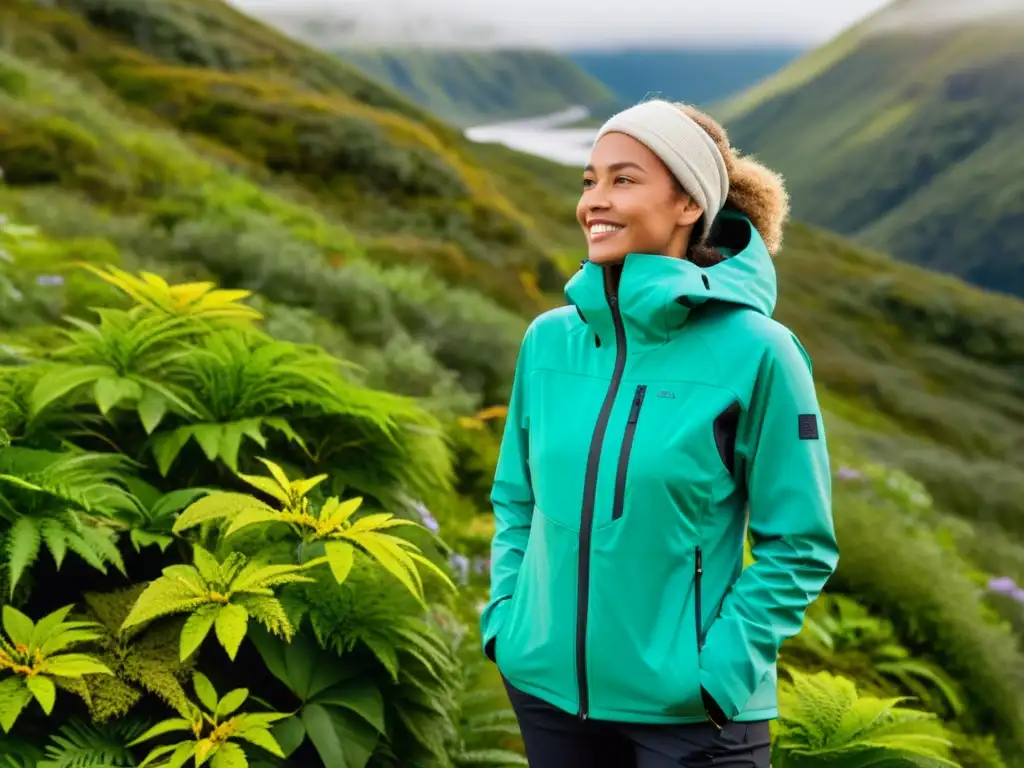 Persona viste de manera ecológica para explorar ecosistemas, rodeada de exuberante flora y fauna diversa