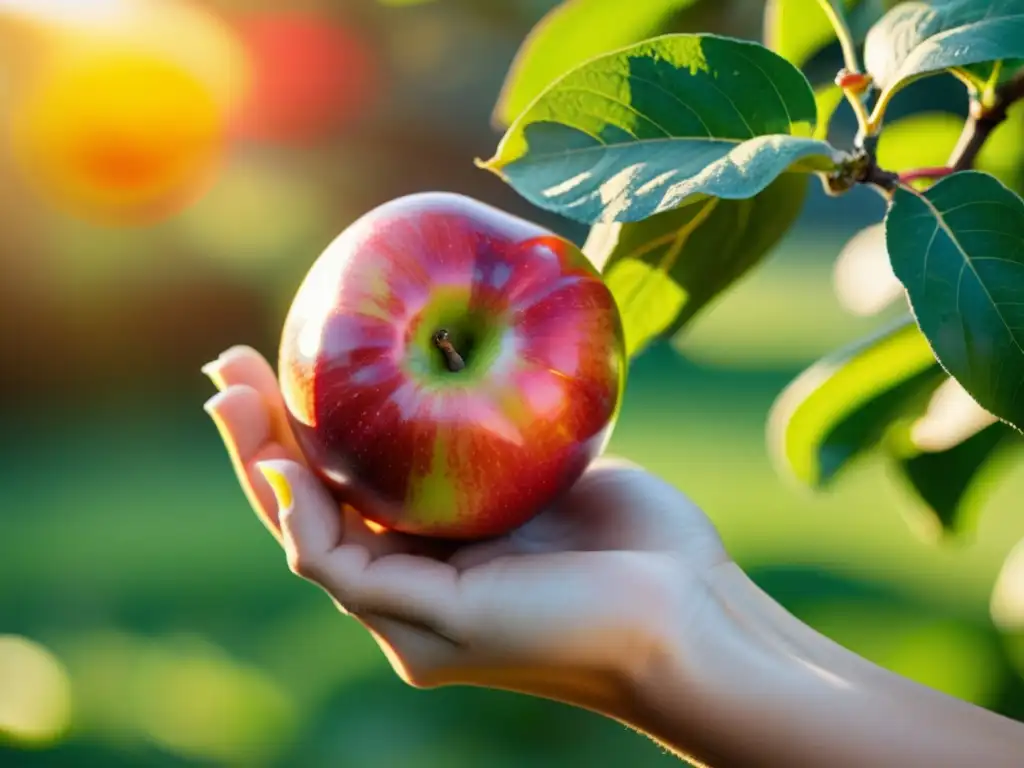 Una persona sostiene una manzana orgánica recién cosechada, con colores vibrantes y detalles intrincados