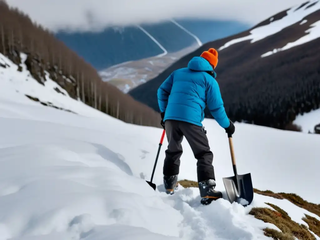 Persona usando la mejor pala plegable para excursiones nevadas, cavando en la nieve en un paisaje invernal sereno y pintoresco