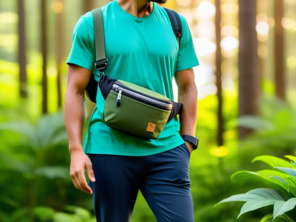 Persona usando una moderna riñonera eco-friendly en un bosque exuberante