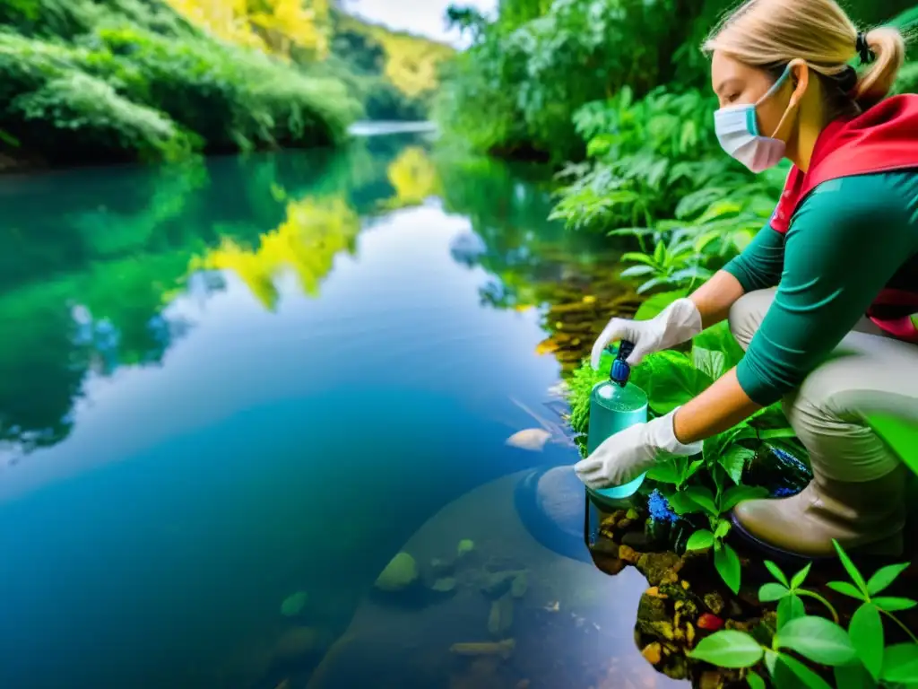 Persona recogiendo muestras de agua en el río, rodeada de exuberante vegetación