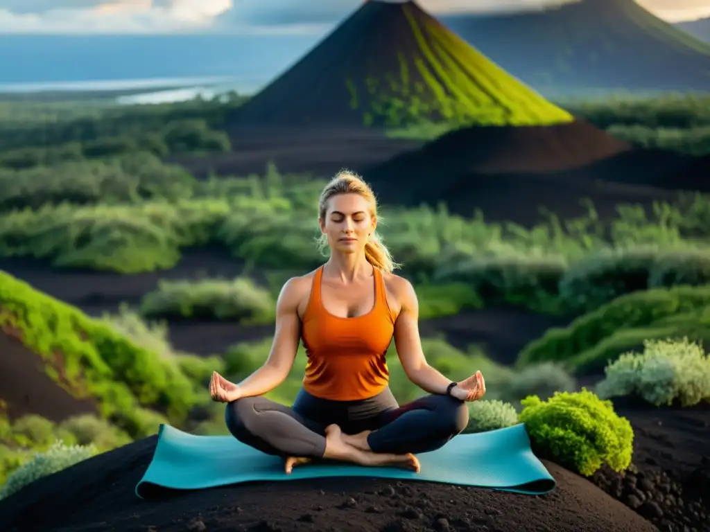 Yoga en paisaje volcánico: conexión y serenidad Una persona practica yoga en un paisaje volcánico, conectando con la naturaleza