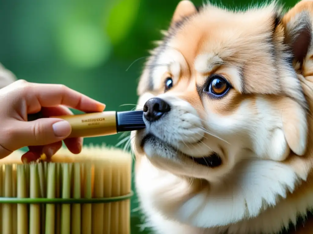 Persona cepillando a un perro con un cepillo de bambú sostenible, enfocando en los detalles y la atención al animal