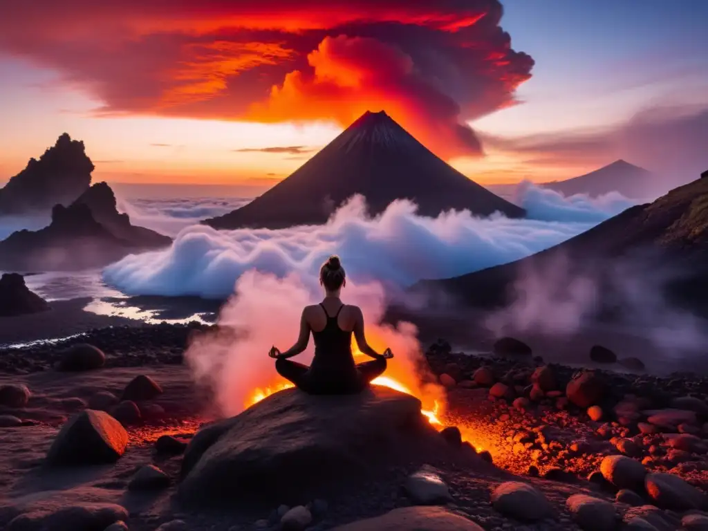 Persona en postura de yoga en paisaje volcánico, conectando con la naturaleza en una atmósfera espiritual