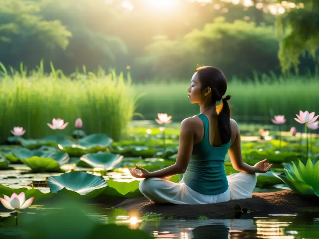 Persona practicando pranayama en un pantano exuberante, rodeada de naturaleza y aves