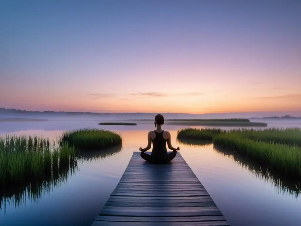 Persona practicando pranayama en pantano al amanecer, capturando la serenidad y los beneficios del pranayama en pantanos