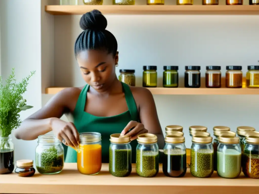 Una persona crea productos para el cabello de forma sostenible en un entorno naturalmente iluminado, rodeada de ingredientes naturales